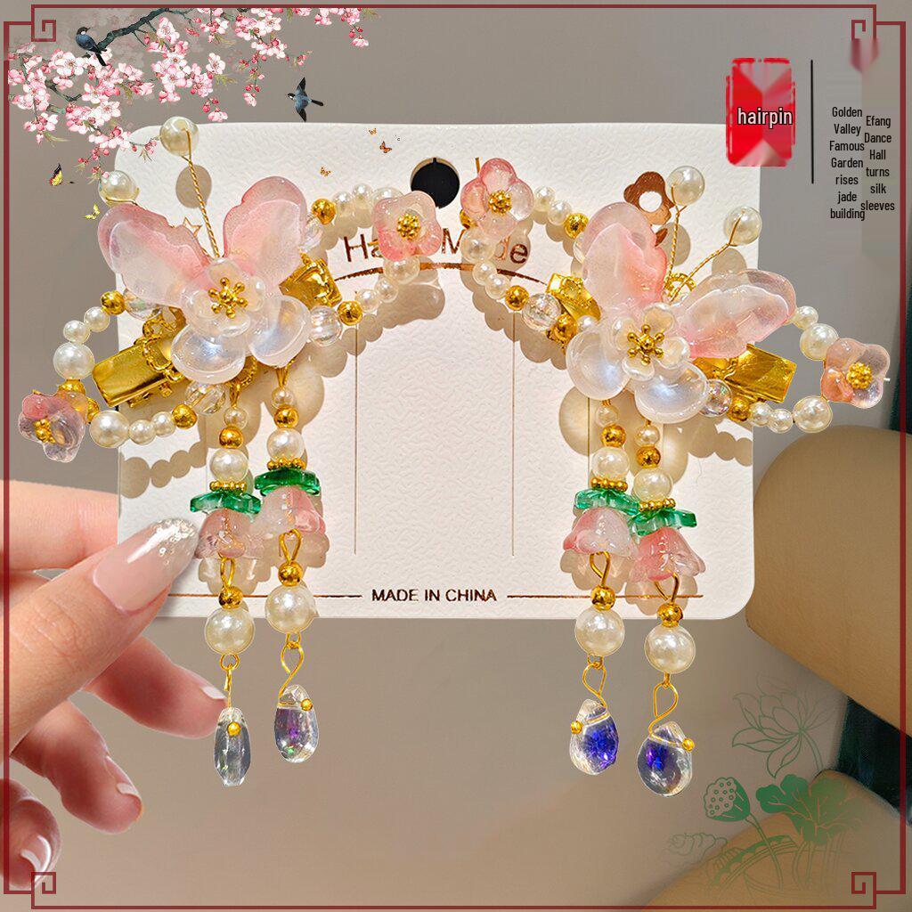 Mid-Autumn Hanfu Fairy Hair Clip - Women's & Children's Ancient Style Floral Tassel, Sweet Accessory for Girls