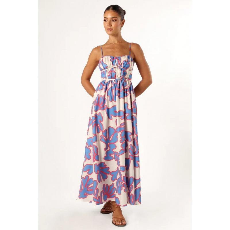 

Fashion Niche Vacation Spaghetti Strap Backless High Waist Print Beach Long Comfortable Lightweight Recognition Elegant with Flattering Chic Dress S розовый