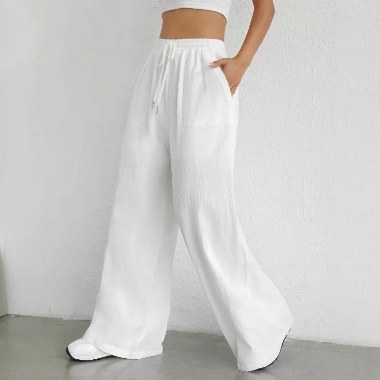 Summer New Women Casual Solid Color Drawstring Straight Leg Slightly Flared Pocket Sport Pants