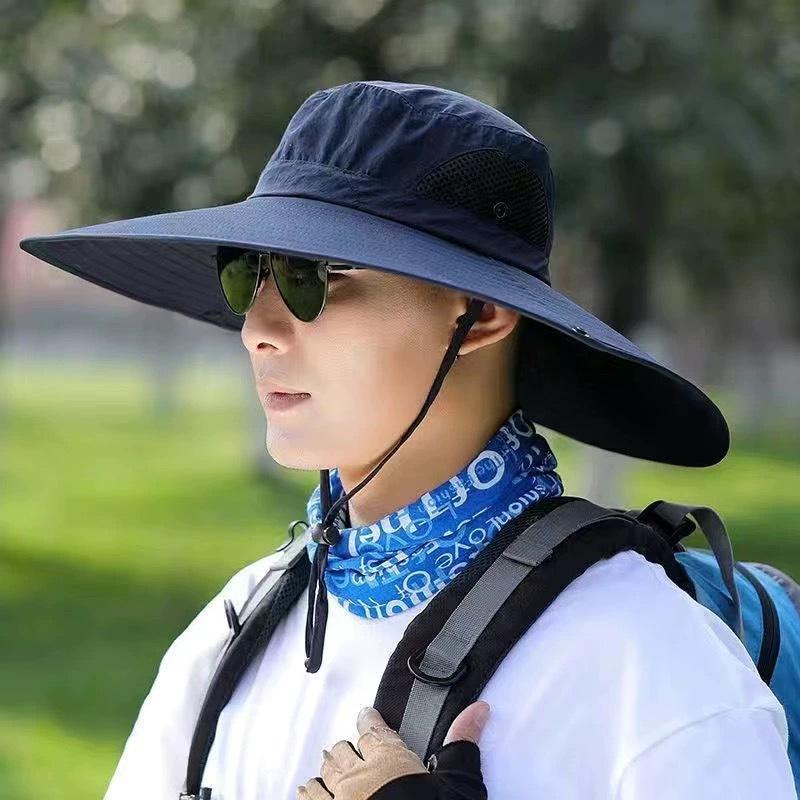 Large Brim Sunscreen Bucket Hat with Rope Women Summer Anti-Uv Sun Protection Hat Outdoor Men Foldable Adjust Hiking Fishing Cap
