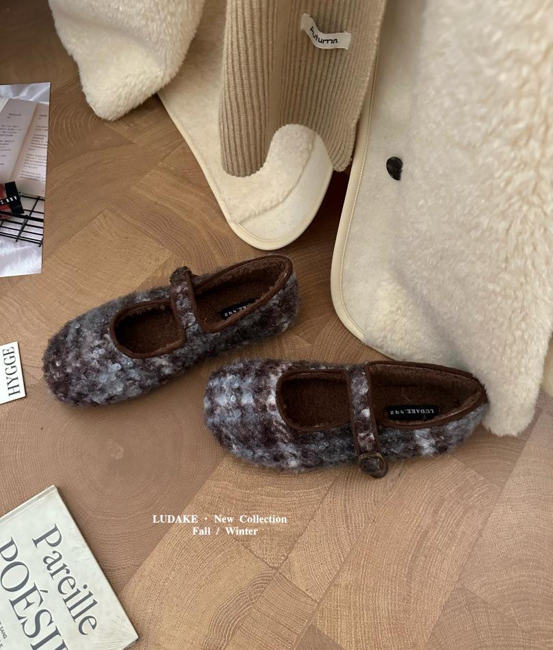 Inner Height Increase Leopard Print Mary Jane Fluffy Shoes Women Wear New Gray Woolen Single Shoes Thick-soled Velvet Cotton Shoes In Winter