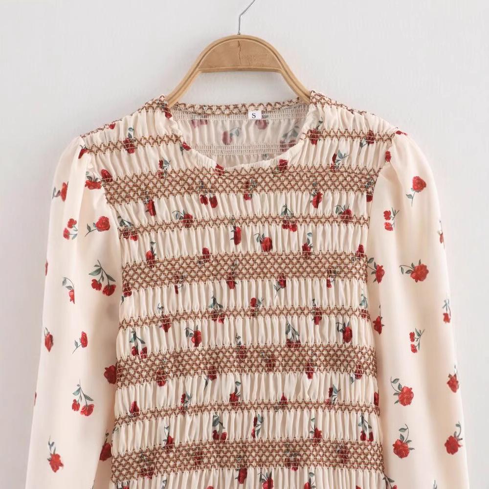 2025 Spring Women's European & American Floral Long Sleeve Round Neck Pleated Shirt