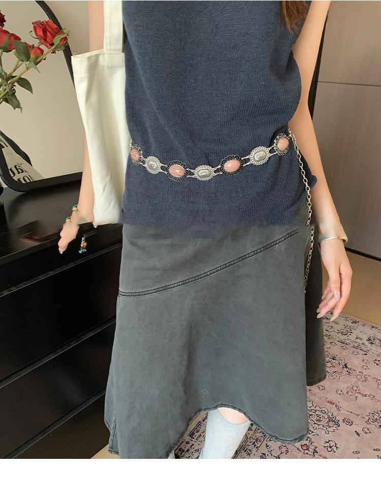 Vintage ethnic wind wood bead woven fringed waist chain bohemian belt clothing