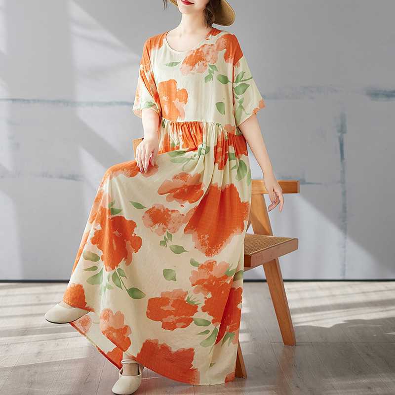 

Summer Round Neck Printed Bohemian Long Skirt One size