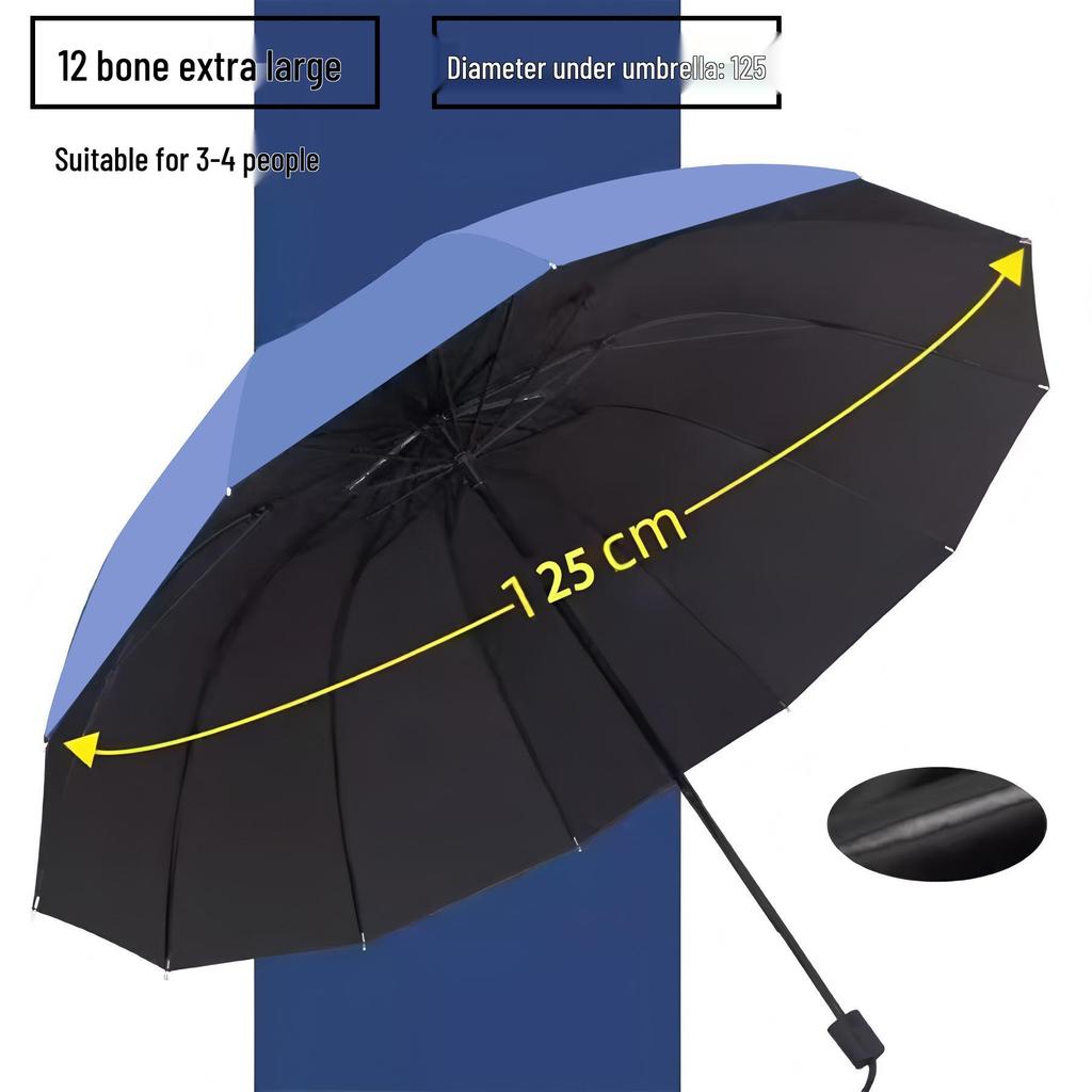 Extra Large 12-Rib Black Folding Umbrella - Heavy-Duty Three-Person Sun and Rain Protection with Custom Logo