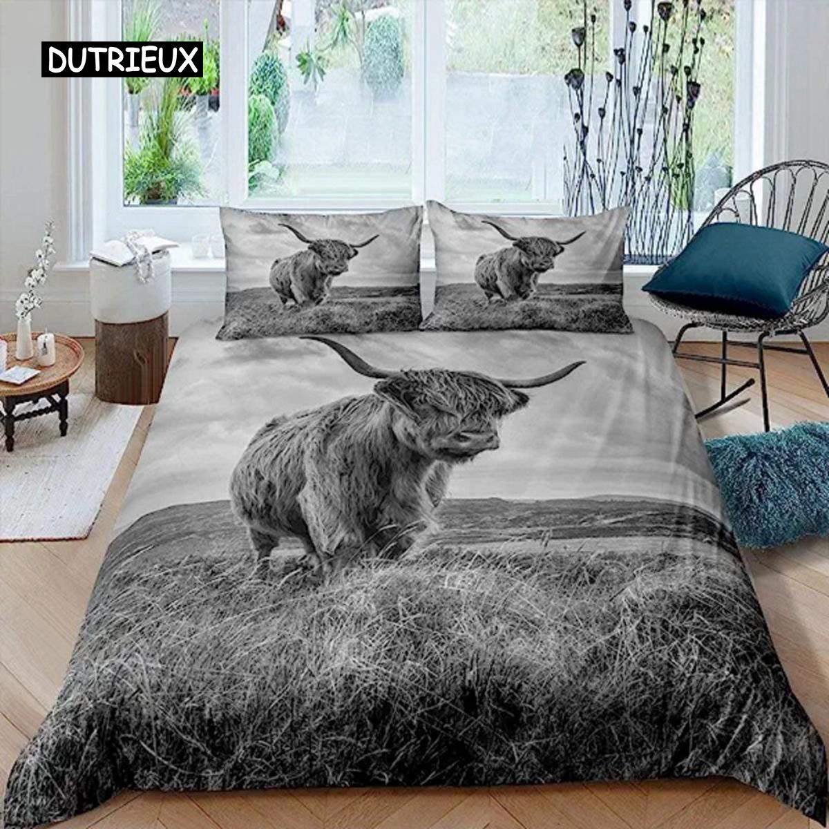 

Пододеяльник с изображением коровы Хайленд Цветок King Size Bull Cat Комплект постельного белья Western Funny Animal Комплект одеяла Wildlife Farmhouse EU single(135x200cm)