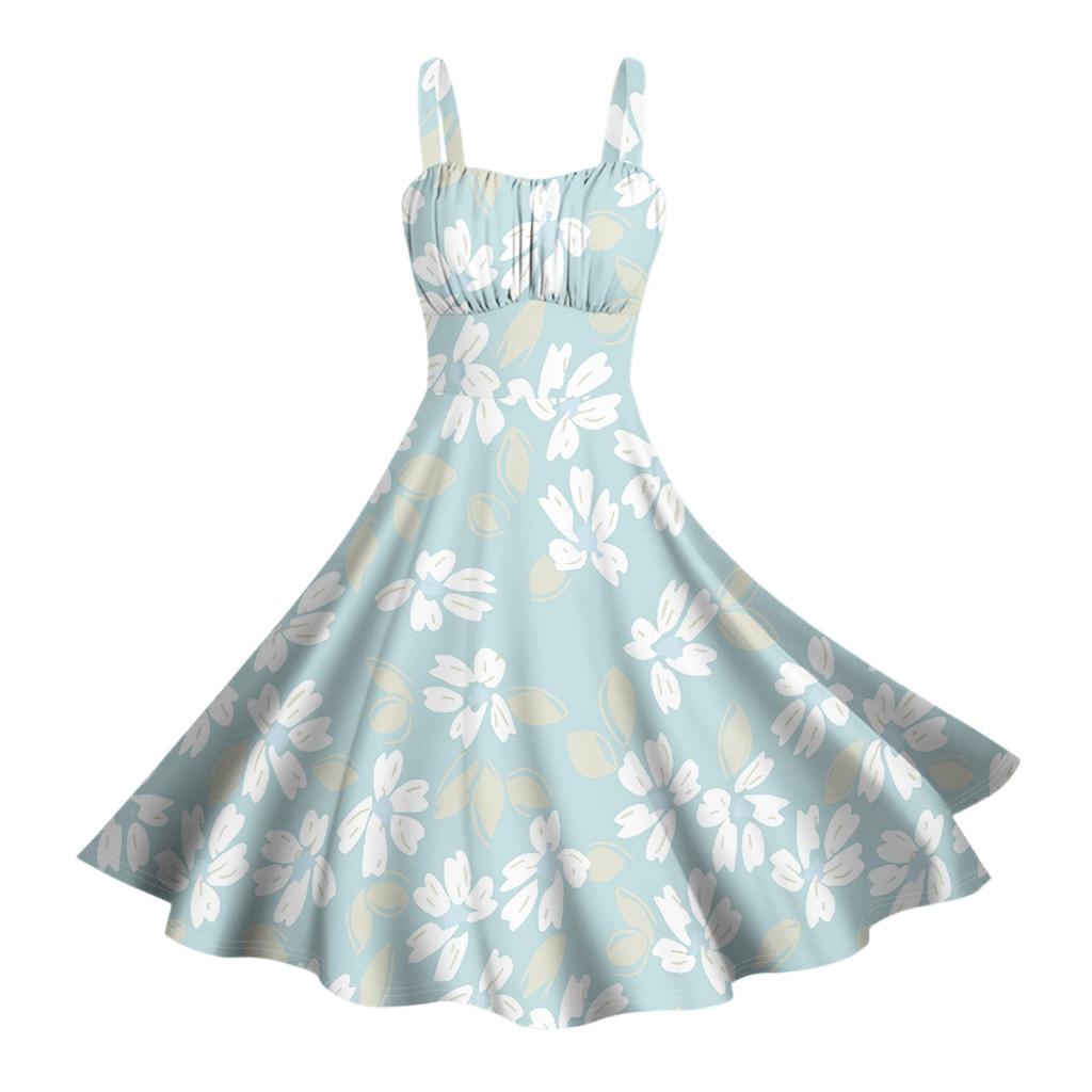 Damen Vintage Ärmellos Plissiert Patchwork Niedlich A-Linien Saum Blumendruck Kleider