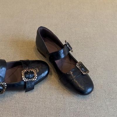 Sheepskin Version~ Retro Round Head Light Mouth Small Single Shoes Women's Flat Bottom One-word Buckle Black Design Versatile Mary Jane Shoes