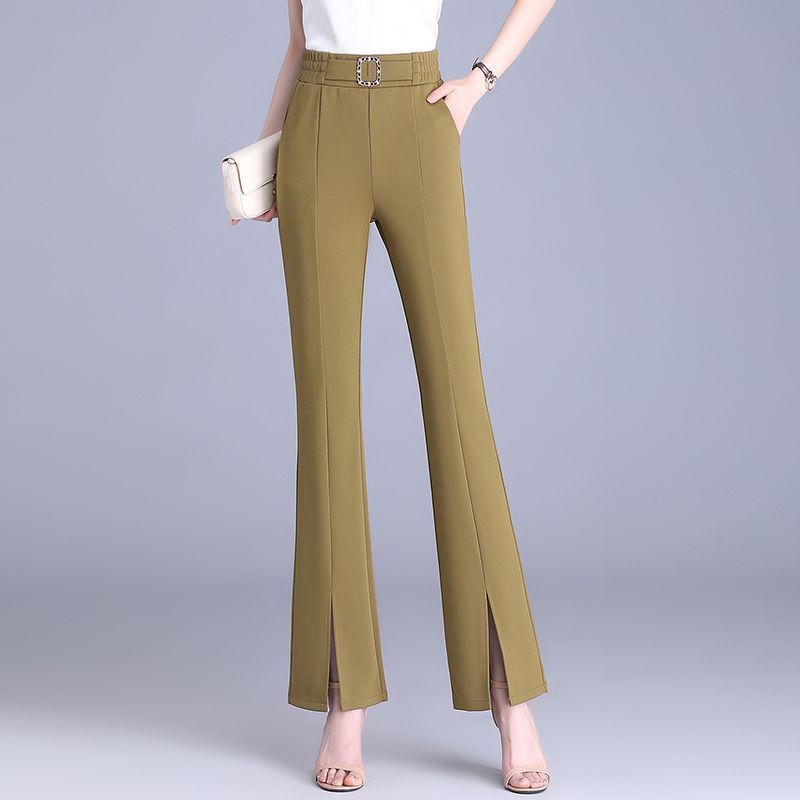 

New Women s High-Waisted Split Flare Pants, Slimming, Casual, Versatile, Draping, Stretchy Elastic Waist, Wide-Leg Design. Brown Split Long Pants Over 1.58m