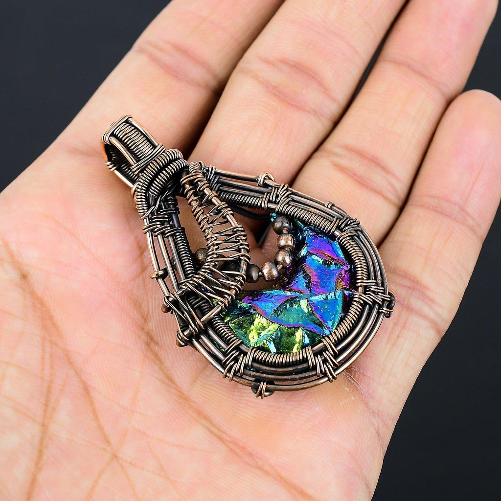 Titanium Moon Druzy Gemstone Pure Copper Wire Wrapped Handmade Pendant Jewelry