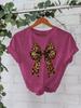European and American High-End Leopard Print Bow-Knot T-Shirt: Women's Round Neck, Loose Short Sleeve