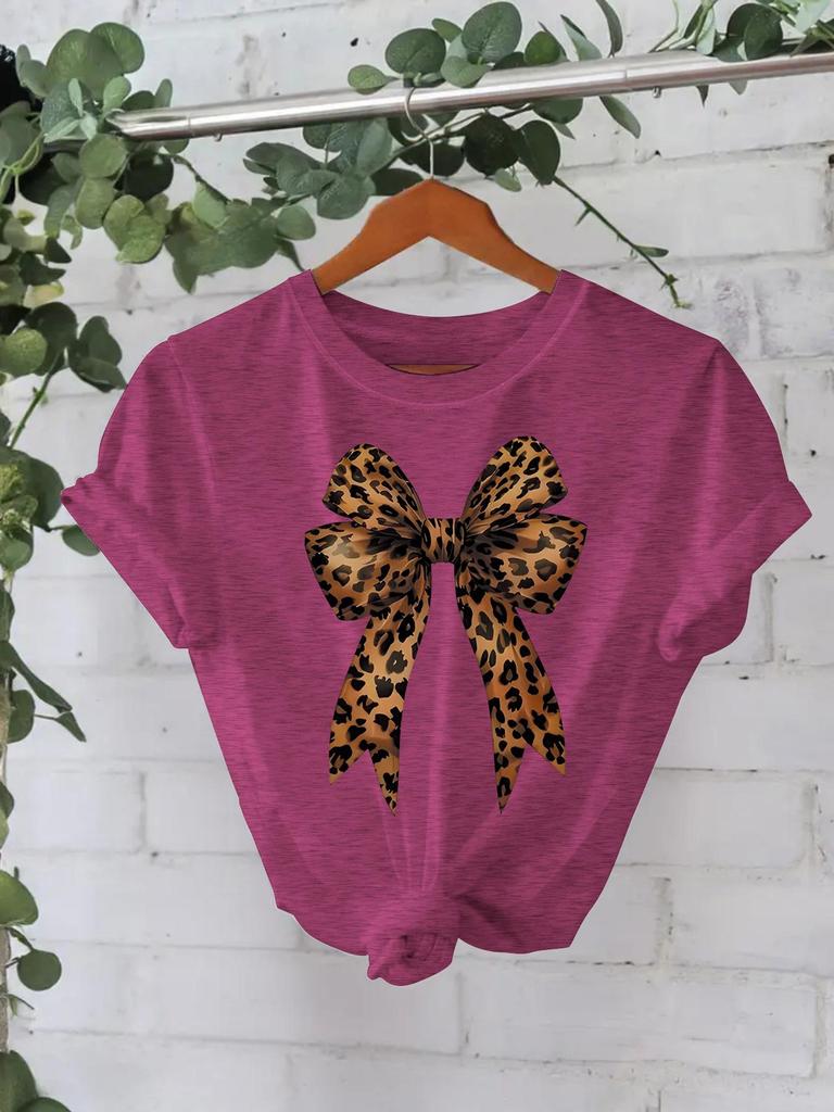 European and American High-End Leopard Print Bow-Knot T-Shirt: Women's Round Neck, Loose Short Sleeve
