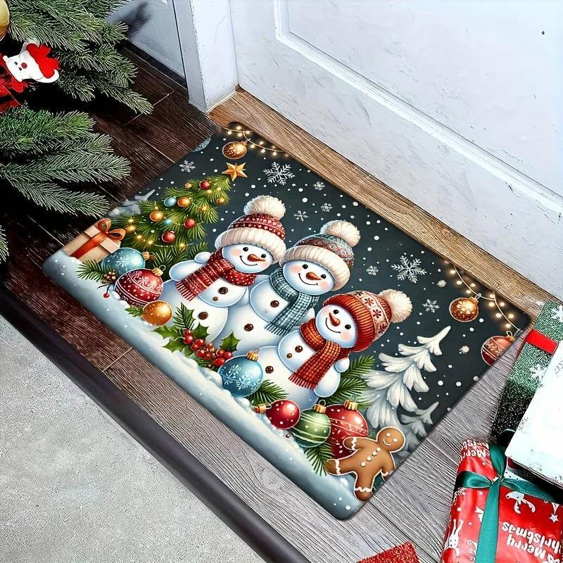 Winter Christmas Snowman Pattern Rug Bedroom Hallway Entrance Door Mat Non-Slip Stain-Resistant Rug Home Decor