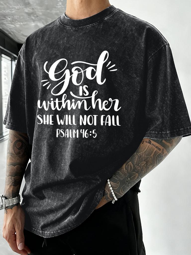 God Is Within Her She Well Not Fall Print Washed TShirt Men Loose Cotton T Shirts Soft ONeck Clothes Beach Vacation Streetwear