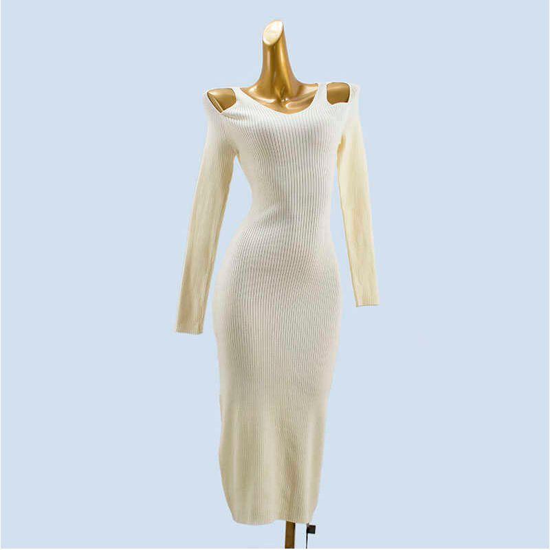 

Gentle and Pure Desire Style Sexy off-the-Shoulder Retro French Sweet and Spicy Waist Trimming Knitted Inner Wear Dress Women Apricot color One size