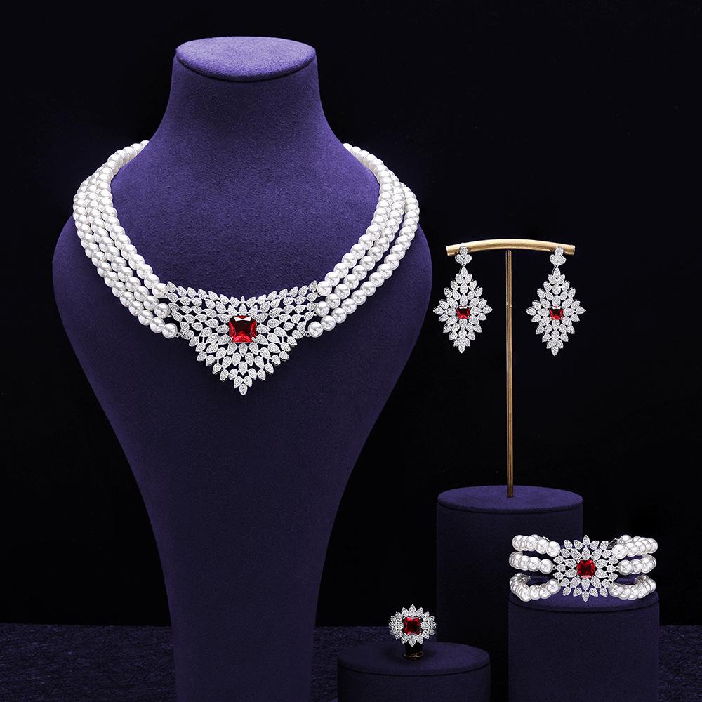 Luxury Full Diamond Pearl Necklace Earrings Set Wedding Banquet Exquisite Dress Accessories Bridal Accessories