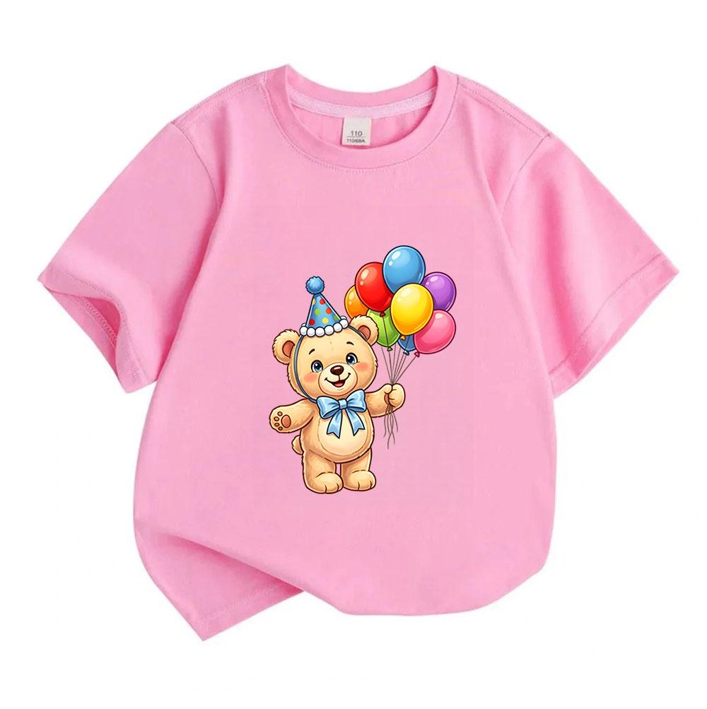 Kids Boys Girls 100% Cotton Crew Neck Short Sleeve T-Shirt Cute Birthday Teddy Bear With Colorful Party Balloons Print Casual Soft Tee Shirt For Daily