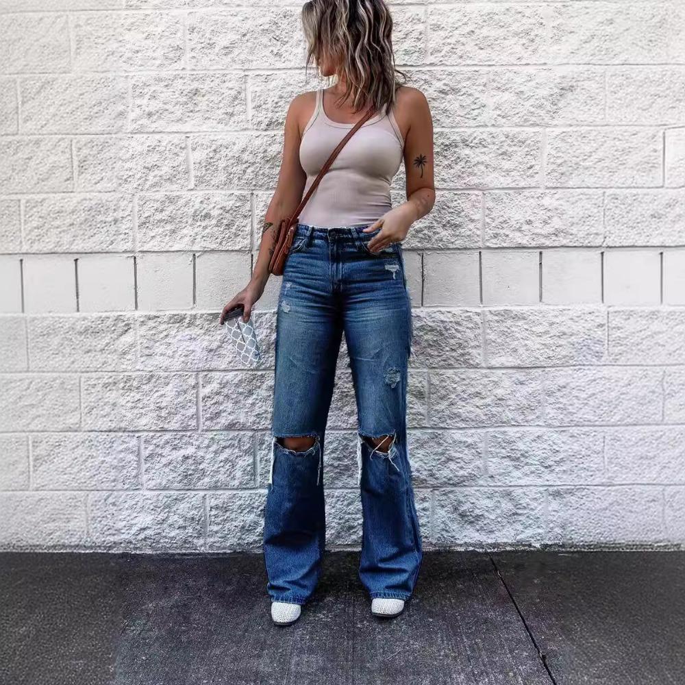 

Джинсы-клеш из винтажного рваного денима с высокой талией S темно-синий