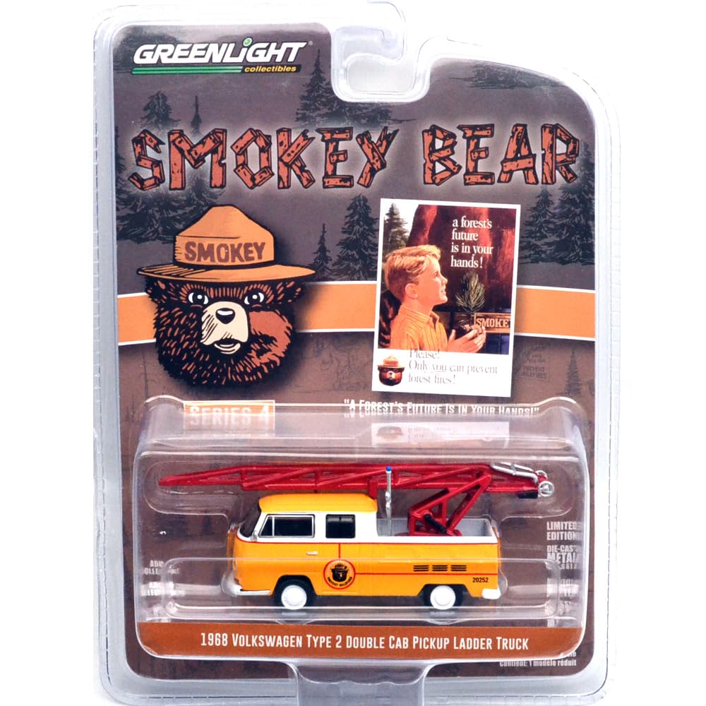 Greenlight 164 SCALE SMOKEY BEAR SERIES 4 1968 VW TYPE 2 DOUBLE CAB PICKUP LADDER TRUCK оранжевый