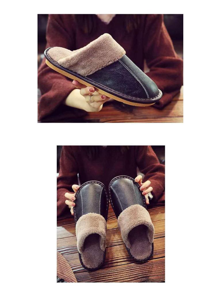 Unisex Genuine Leather Cowhide Slippers: Non-Slip, Warm Indoor Cotton Slippers for Autumn and Winter