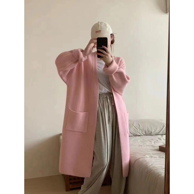Long sweater jacket women's autumn and winter new fashion casual solid color loose lazy wind thickened knitted cardigan