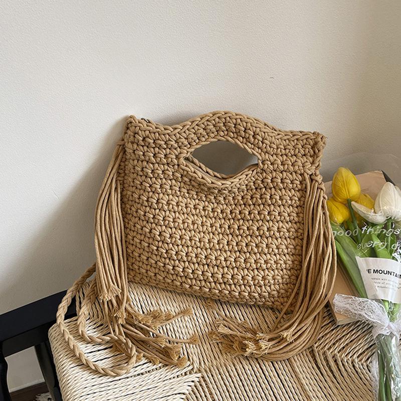 Yogodlns Knitted Tassel Bag New Summer Vacation Style Single Shoulder Diagonal Cross Woven Bag Fashionable Simple Women's Handbag