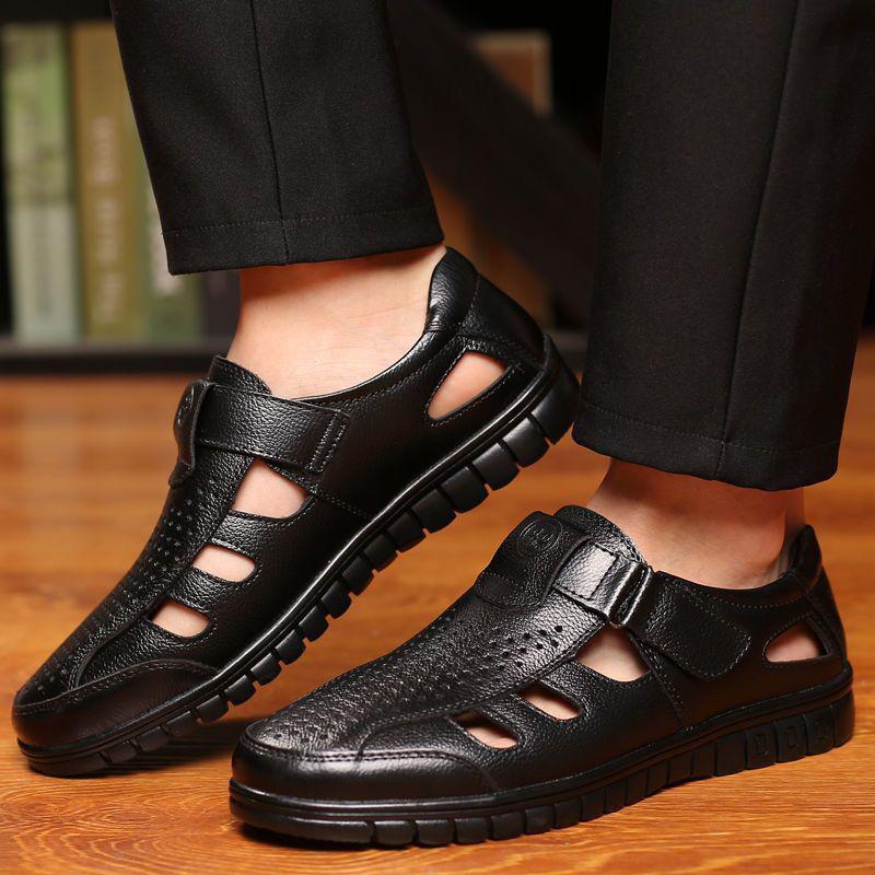 Sandalias de Conducción de Cuero de Suela Blanda para Hombre - Business Casual, Diseño Hueco para Mediana Edad y Ancianos