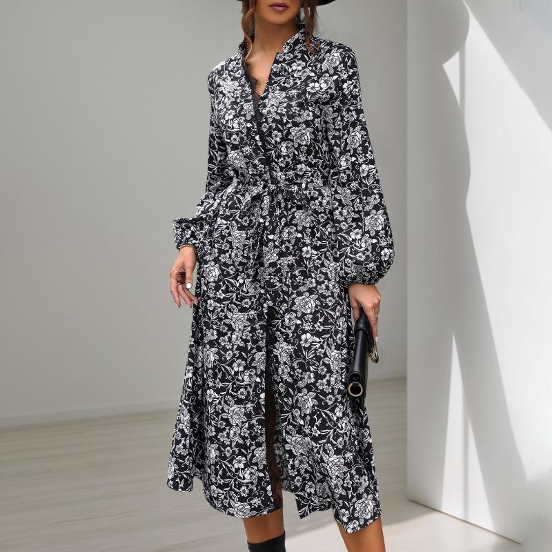 

2025 new autumn women s long-sleeved printed stand-up collar dress S чорний