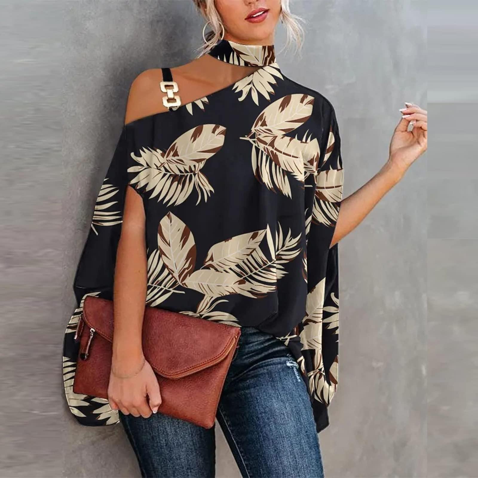 

Женские повседневные рубашки на одно плечо с искусственным воротником и цветочным принтом, модные свободные футболки с верхом S чёрный