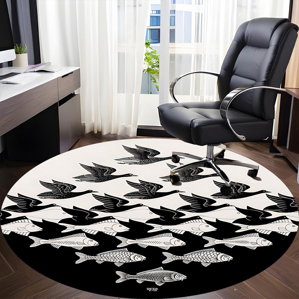 1pc Fish Birds Office Round Area Rug, Indoor Mat Suitable For Office, Under Office Chairs Bedroom Living Room Home Decor, Room Deco