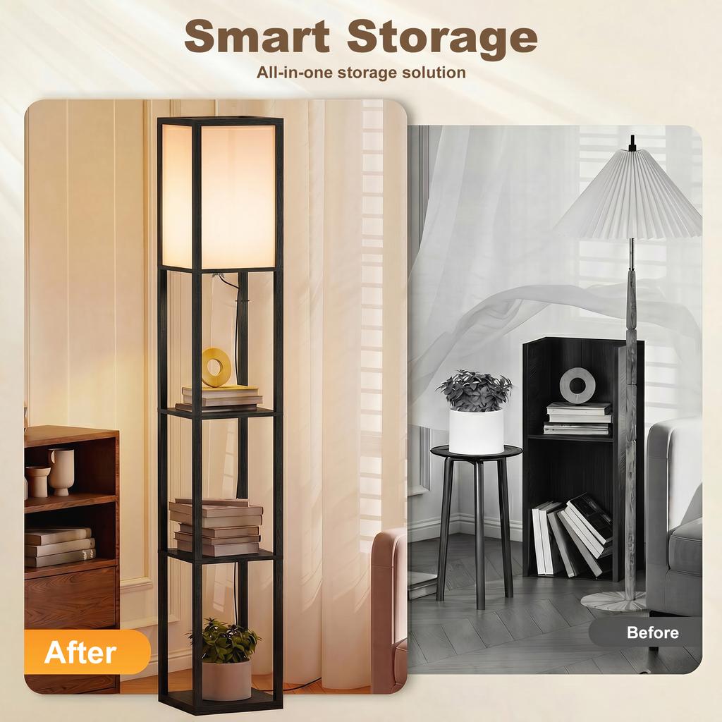 Floor Lamp With Shelves 3 Layer Column Modern Standing Lamp For Living Room Bedroom Office Bulb Not Included Black