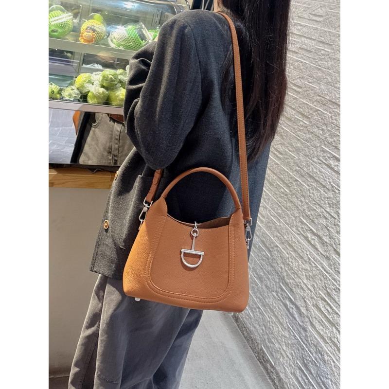 New high-end cowhide leather bucket bag underarm bag handbag crossbody shoulder bag vegetable basket women's bag