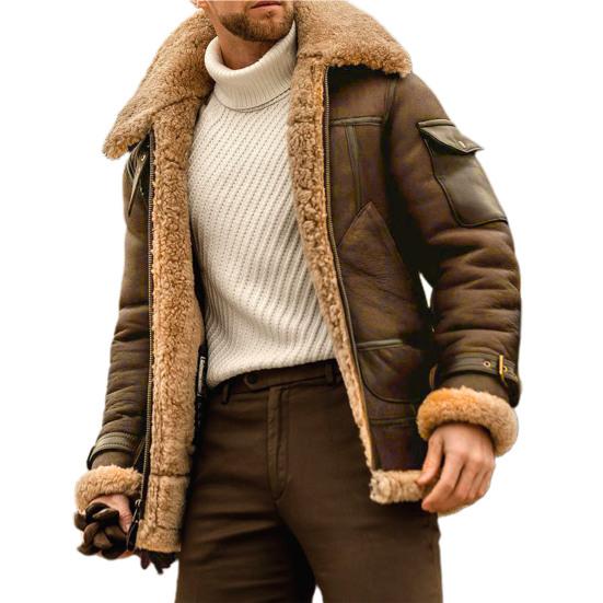 Male Jacket Turn-down Collar Pockets Polyester Zipper Closure Winter Coat for Outdoor