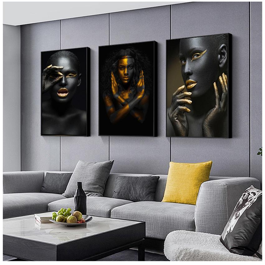 Wall Art Picture for Living Room Decor Black and Gold African Woman Cuadros Canvas Painting Posters and Prints Scandinavian