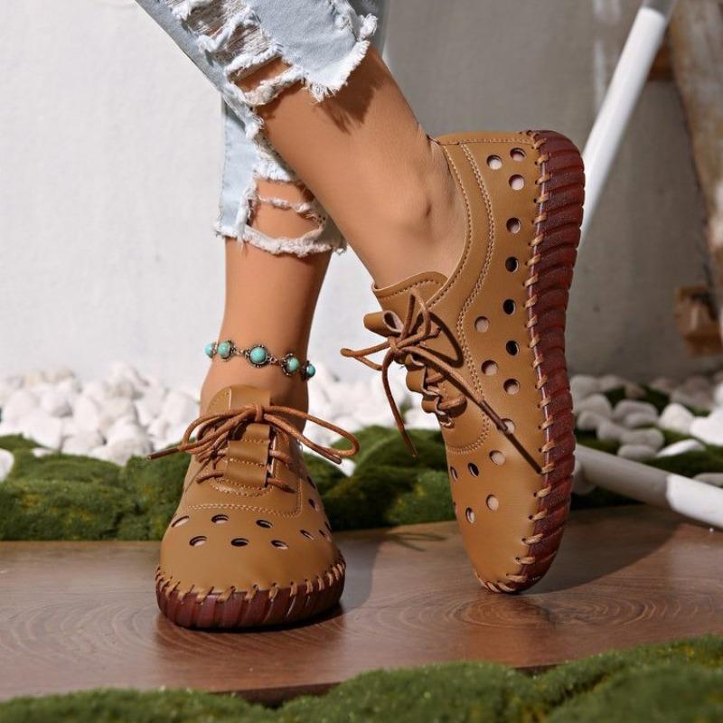 Hollow lace-up hole shoes large size new flat-bottom sewn thick-soled single shoes wish source