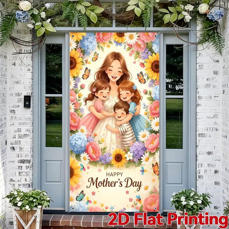 

2D Happy Mother s Day Door Cover, Colorful Flower & Butterfly Decoration Background 47.2x31.5inch/120*80cm