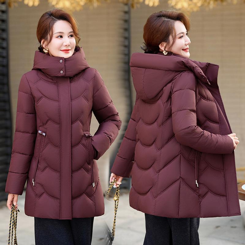 Middle-aged and elderly large-size cotton-padded clothes, women's medium and long hats, removable winter mother's clothing temperament, thickened cott