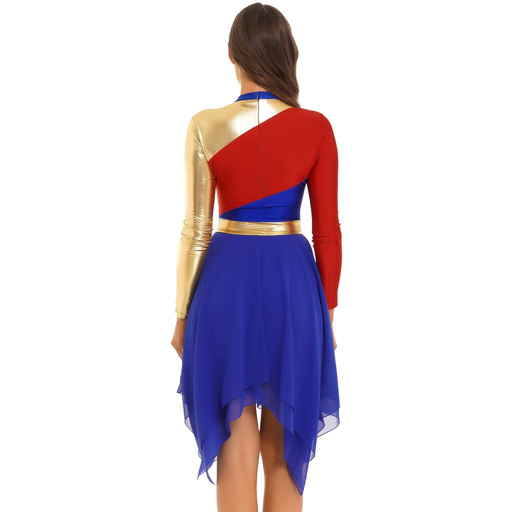 Dámský lyrický taneční outfit Dlouhý rukáv Color Block Patchworkové šaty Nepravidelný lem Kalhoty se širokými nohavicemi Vystoupení set