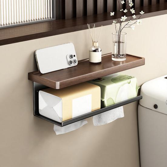 Wall Storage Rack Strong Load-Bearing Wall-Mounted Organizer with Rounded Paper Outlet Smooth Pull-Out Multifunctional Wood Metal Bathroom Shelf