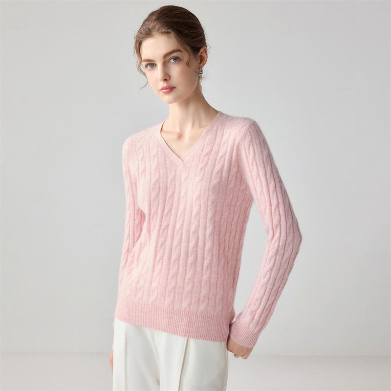Lekasha Women's Cashmere V-Neck Cable Knit Sweater - Korean Style, Autumn/Winter, Solid Color Pullover