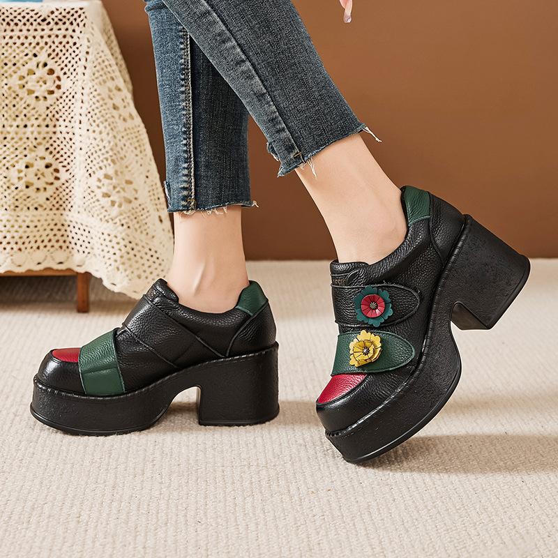 2025 New 7cm Top Layer Cowhide Spell Color Flowers Women's Fashionable Shoes Thick Sole Non-slip Elevator Shoes High Heels Tide