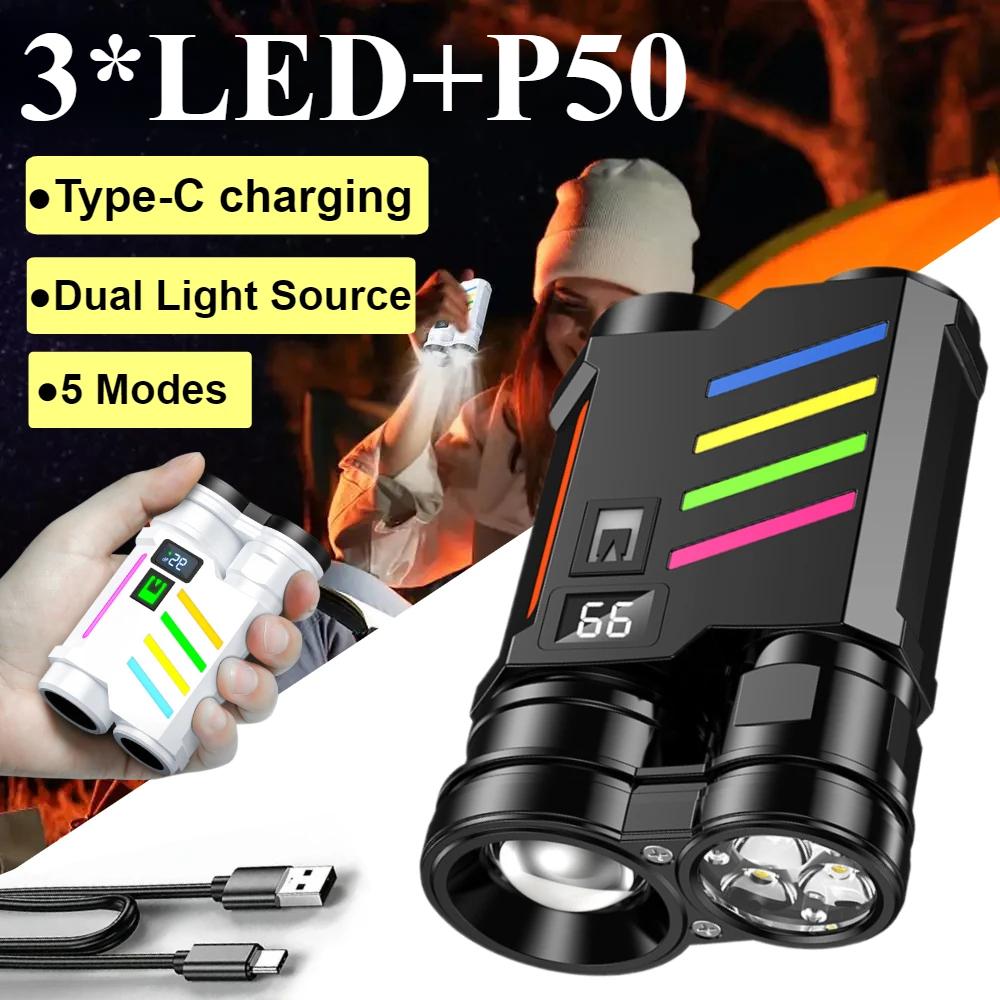 

3*LED+P50 двойной источник света фонарик 5 режимов аварийный прожектор уличный кемпинговый фонарь USB перезаряжаемый рабочий фонарь внешний аккумулятор Black 1PC
