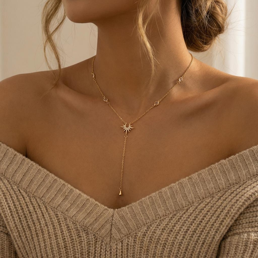 Sexy Rhinestone Long Necklace for Women Gold Color Water Droplet Sun Zircon Pendant Tassel Choker Party Accessories Jewelry Gift