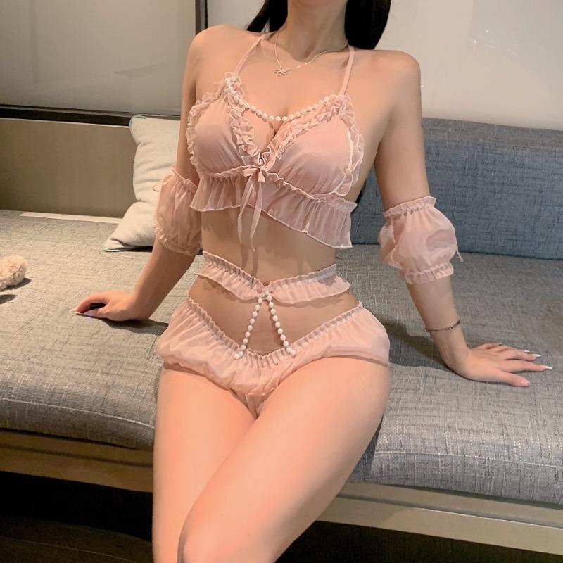 Sexy Lingerie Female Sexy Three-point Purple Pure Desire Temptation Suit Hot Split Pearl Bra Panties Uniform