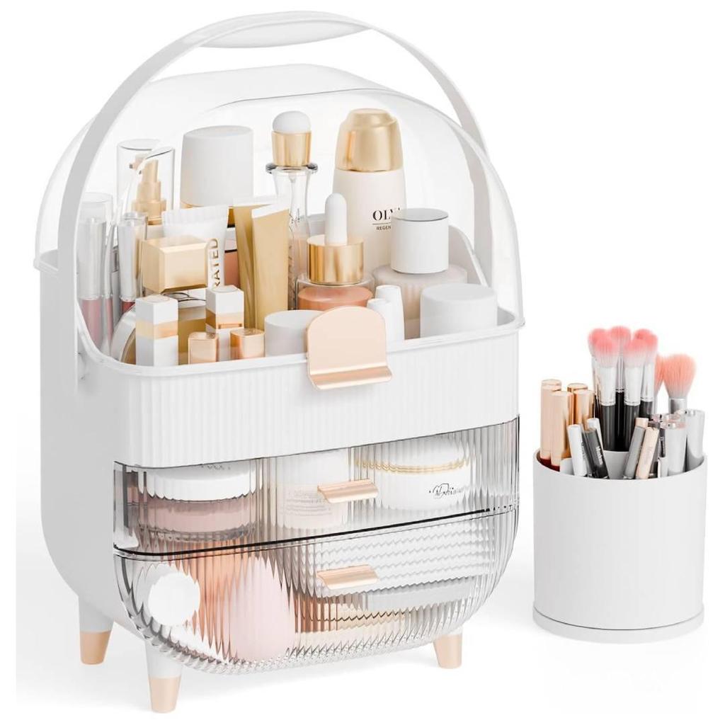 Cream-Style Makeup Storage Box: Dustproof Flip Lid Organizer with Drawer & Brush Holder