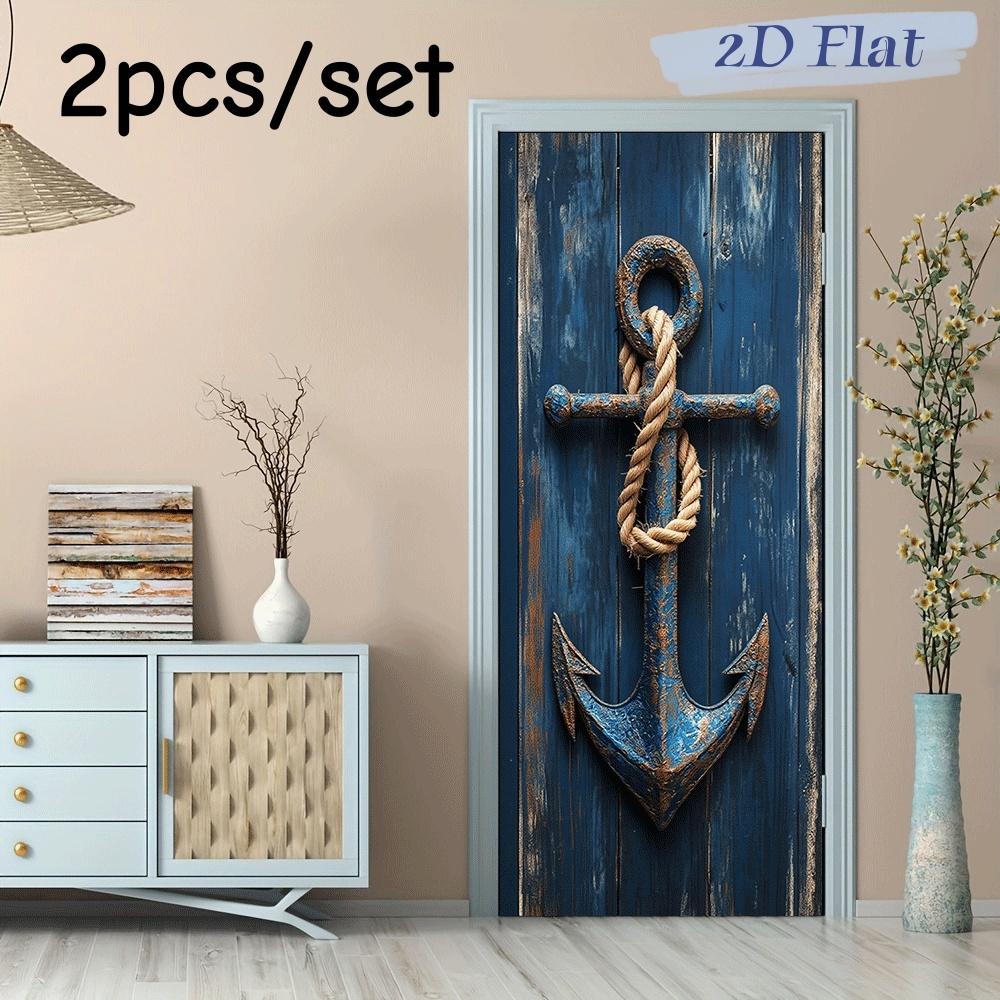 

2pcs retro blue sailing style boat anchor wall stickers Mediterranean style home decoration stickers Living room bedroom entranc (as the picture,38.5x200cmx2)