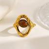 Vintage Stainless Steel Brown Stone Rings for Women Gold Color Geometric Metal Irregular Texture Open Rings Aesthetic Jewelry
