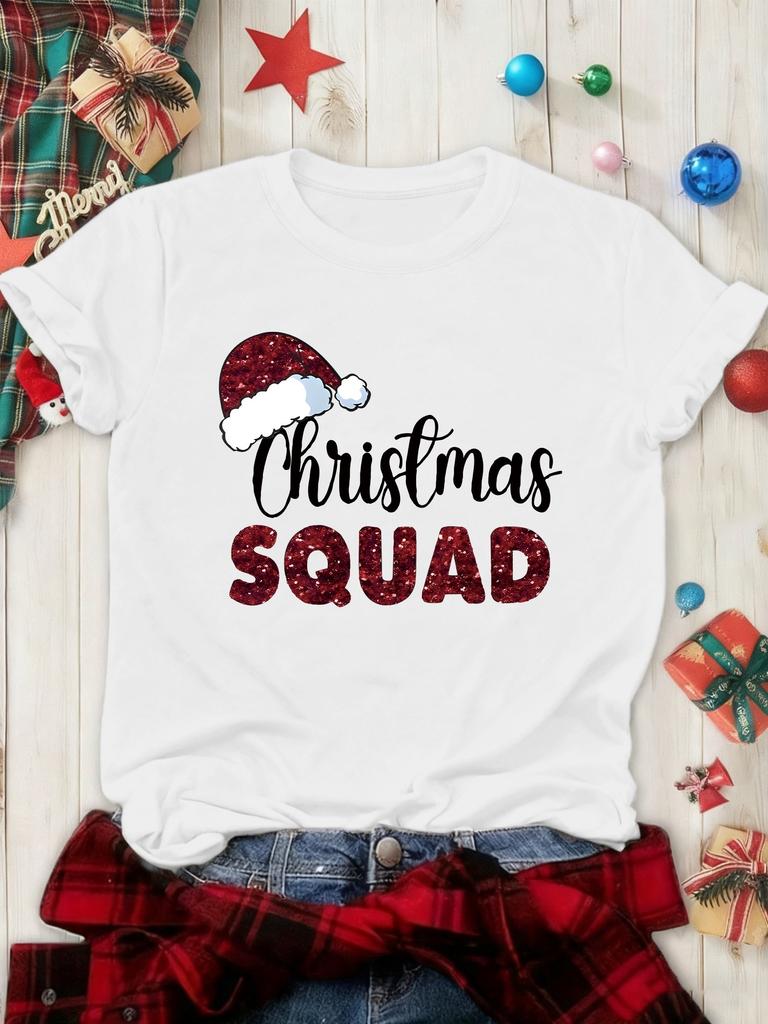 Christmas Christmas Team Letter Tshirt Casual Round Neck Retro Tshirt For Summer Daily And Holiday Wear Unisexs Clothing
