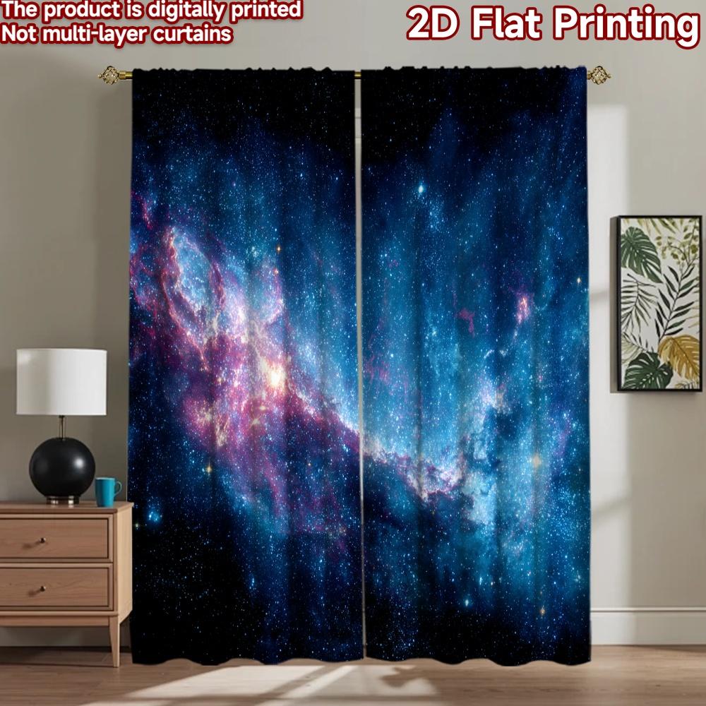 2D Flachdruck 2 Stück Fenstervorhänge Tiefraum Sterne Nebel Digital Bedruckte Polyester Vorhänge Festliche Wanddekoration für Wohnkultur