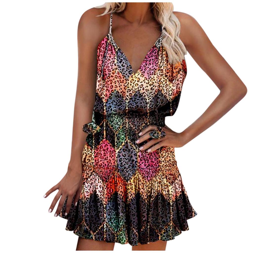 Women Casual Print V-Neck Sleeveless Sling Dress